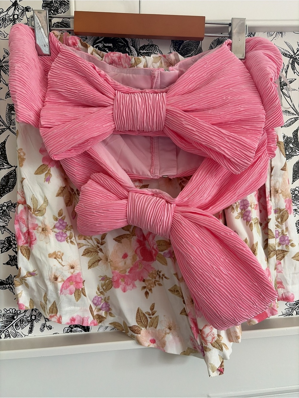 Pink Bow Accent Floral Skirt Set